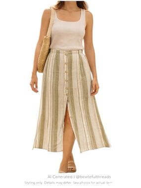 Mediterranean Coastal Linen Midi Skirt Olive Stripe Button Front Slit XL